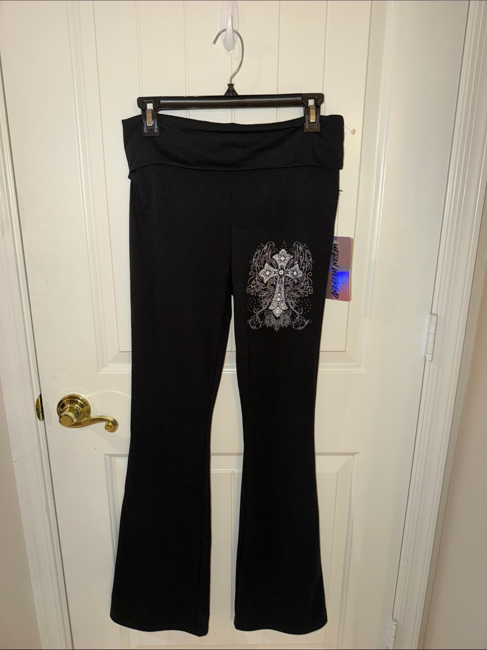 Urban Weekend Fold-Over Waist Black Flare Pants with Embellished Cross Detail